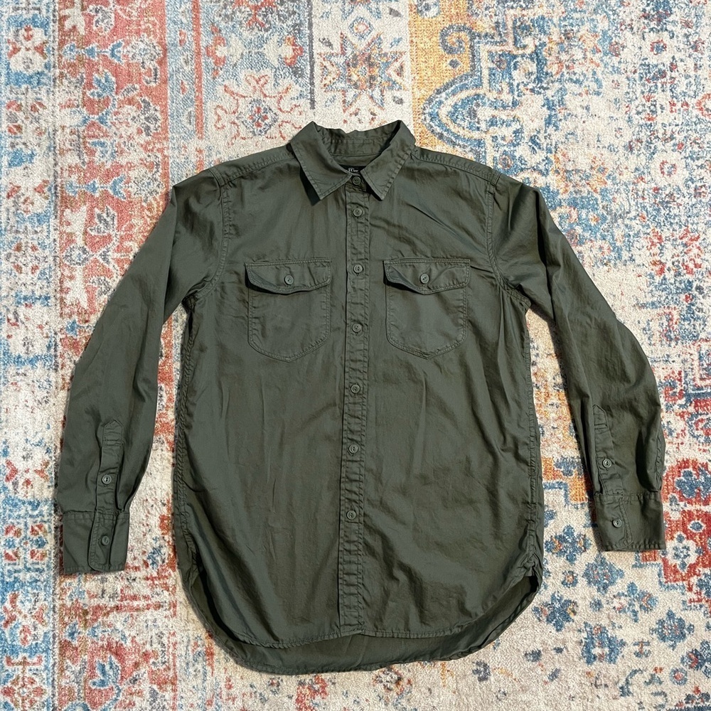 Jcrew button down cotton camp shirt army olive green